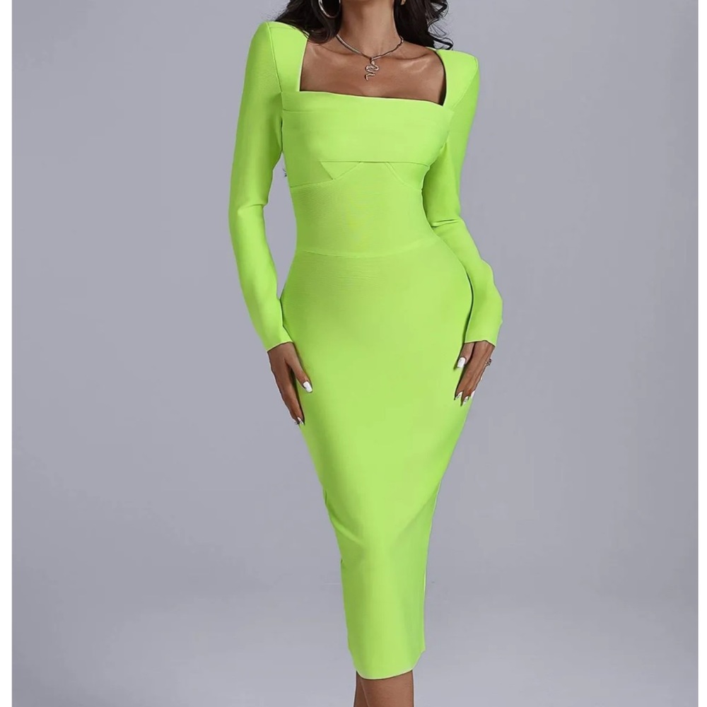 NWT Elegant Lime Green Midi Dress - Picture 3 of 6